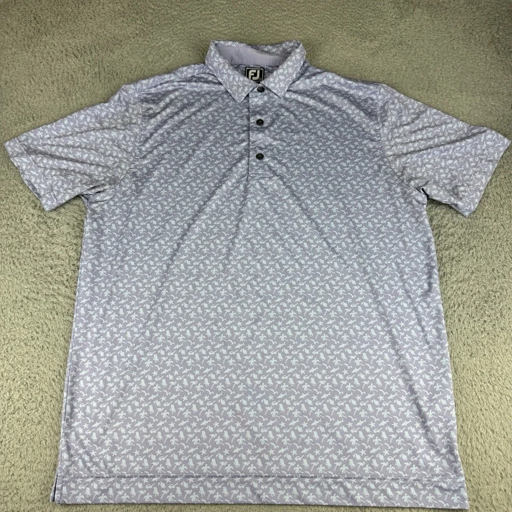 FootJoy Polo Shirt Lg All Over Print Summer Golf Performance Stretch Blue Shark